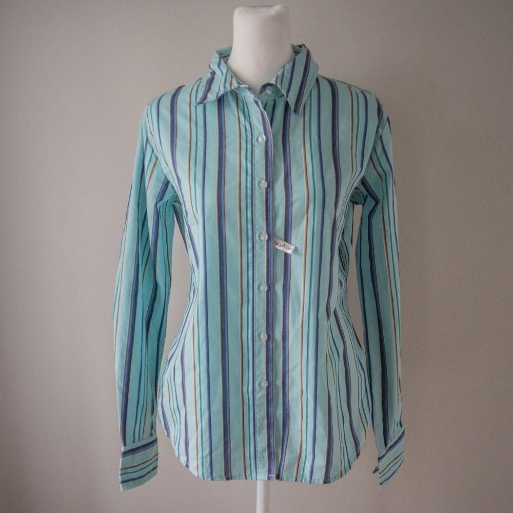Vintage White Stag Y2K Cyan Striped Long Sleeve Button down women's shirt top